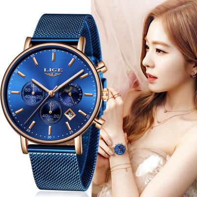 China LIGE Hands Luminous Women Fashion Lady Blue Mesh Watchband High Quality Casual Quartz Watch Waterproof Wristwatch Moon Phase Clock Women Watch for sale