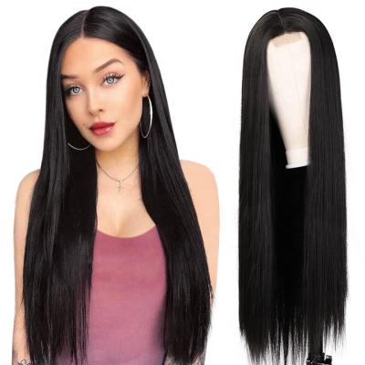 China Aodale Silky Straight Wave 30 Inches Long Middle Part Straight Black Hair Synthetic Hair Wigs For Black Women Heat Resistant Fiber Lace Wigs for sale