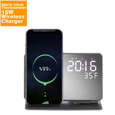 China 2in1 Wireless Charger 2 in 1 Best Selling Portable Fast Charging Dock Station Charger Mobile Phone Wireless Stand with Ambient Thermometer for sale