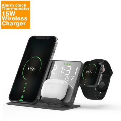 China 4in1 Desktop LED Wireless Alarm Clock Display Temperature 15W Fast Charging Wireless Charger iPhone 14 3 Charging Station Wireless Clock for sale