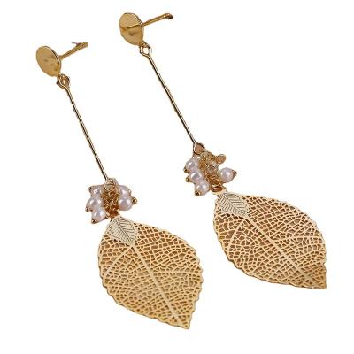 China CLASSIC 14K Gold Flower Pearl Leaf Stud Earrings 925 Sterling Silver Jewelry for sale