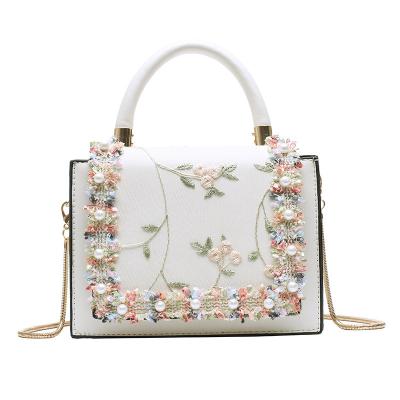 China Messenger 2022 Pearl Chains PU Girl Shoulder Bag Small Floral Embroidery Handbag Lady Lace Flowers Women Bags Flap Soft Leather for sale