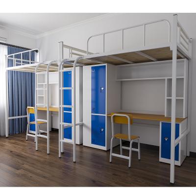 China Modern design low price college dorm apartment metal loft double bed with desk and wardrobe for sale