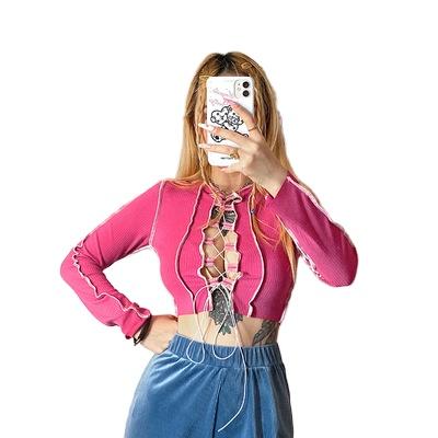 China Vintage y2k nc patchwork color patch lanyard women long sleeve casual crop top anti-pilling t-shirt for sale