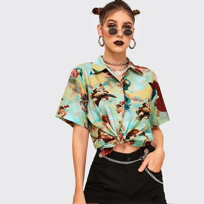 China Vintage Anti-Pilling Cartoon Angel Print Casual Women's Graphic Women's Angel Print Short Sleeve V Neck Blouse Tee for sale