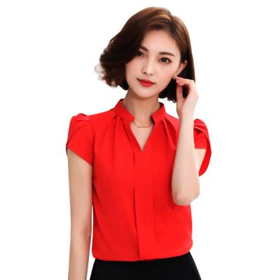 China New fashion anti-pilling gtkzs solid color fold office lady women's v neck short sleeve blouse chiffon for sale