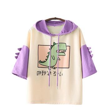 China Kawaii Cartoon Dinosaur Printing Anti-pilling Short Sleeve Sweater Loose Women Pullover Hoodies Top Set Cute Top Set for sale