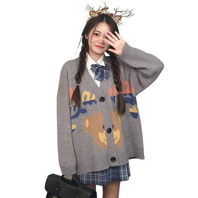 China Anti-wrinkle casual kawaii cute bear print knitted button up women sweater cardigan jacket coat for sale