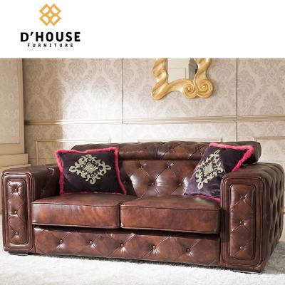 China Luxury Modern European Design Upholstery Furniture Extended Brown Leather Sofa Tufted Upholstery Chesterfield Living Room Sofa Sets for sale