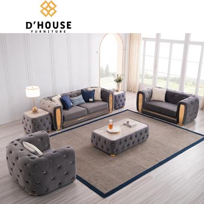 China Chesterfield Gray Wooden Luxury Button Furniture Modern Design Fabric Upholstery Extended Tufted Living Room Sofa Sets for sale