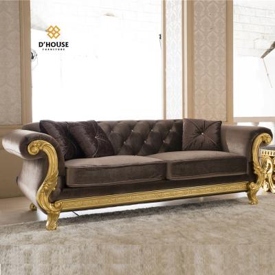 China Modular Classic Royal Luxury New Antique Gold Wooden Button Tufted Upholstery Jacquard Fabric Chesterfield Sofa for sale