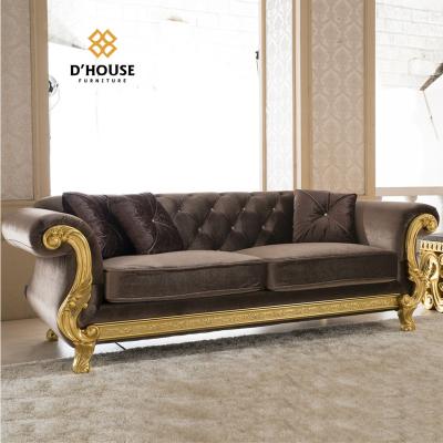 China Modular Exclusive Handmade Carved Wood Frame Classic Furniture Upholstered Button Velvet Fabric Tufted Sofa for sale