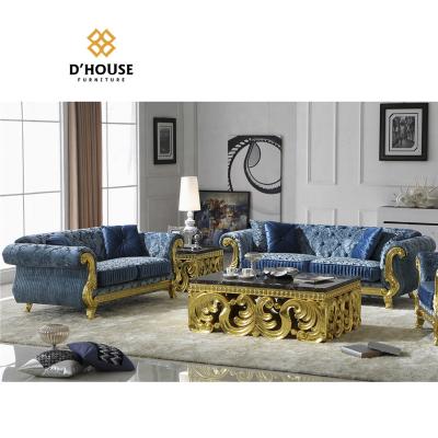 China Modular Classic Furniture Living Room Sofa Set Gold Solid Wood Carved Antique Chesterfield Velvet Sofa Set for sale