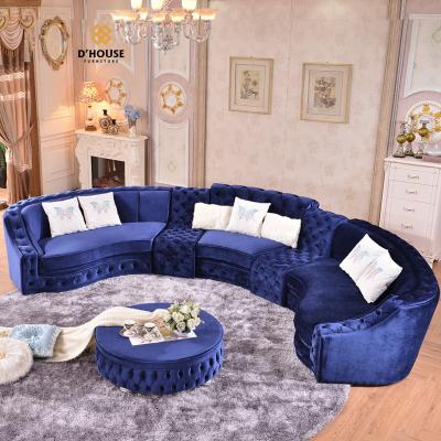 China Modular High Quality Fabric Upholstery For Sofa Furniture Button Velvet Fabric Round Corner Tufted Curved Sofa for sale