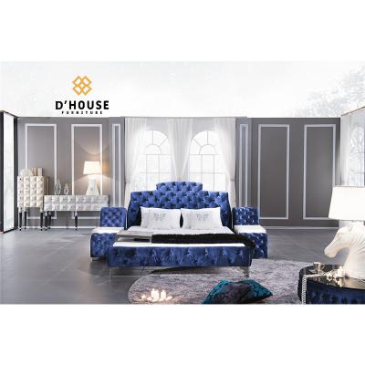 China European Design Blue Velvet Fabric Bed Tufted In Bedroom Furniture Button Tufted Chesterfield Upholstered Bed Sets for sale