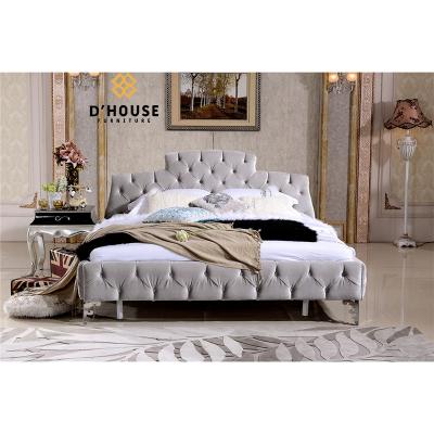 China Italian Design European Velvet Bed Furniture Full Top Gray Button Tufted Chesterfield Upholstered Bed Set for sale