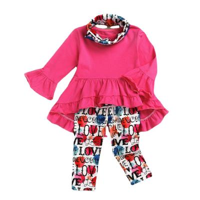 China HIGH STREET Hot Pink Dovetail Ruffled Jacket Valentine's Day Print Pants Toddler Girls Clothing Sets for sale