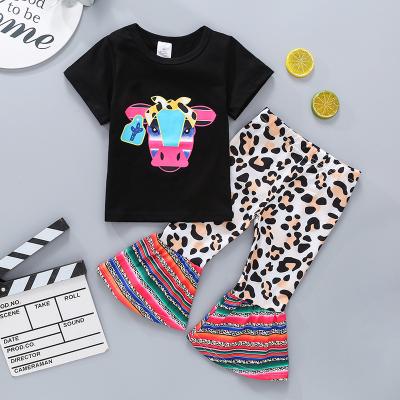 China May New Summer Custom Kids Leopard Rainbow Flare Pants Girls Short Sleeve Set Tauren Print Kids 2 Piece Set for sale