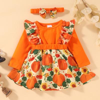 China Sweet Remake New Style Children's Clothing Girls Halloween Costume Baby Flying Sleeve Printed Pumpkin for sale