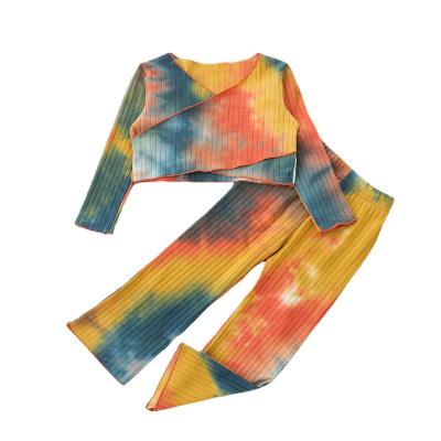 China Fashion European and American children's clothing autumn new anti-static tie dyed short sleeve long loose pants upper girls suit for sale