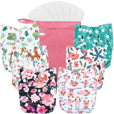 China Baby Cloth Pocket Printed Washable Reusable Diapers 6 Packs +6 Bamboo Inserts for sale