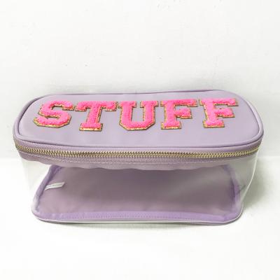 China Fashion Customized Stylish Logo PVC Zipper Nylon Clear Transparent Outdoor Utility Pouch Make Up Cosmetic Bag With Letter Patch for sale