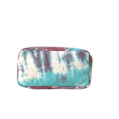 China Low MOQ Gray Color Canvas Tie Dye Fashion Blue Cosmetic Make Up Bag Pouch For Ladies Women for sale