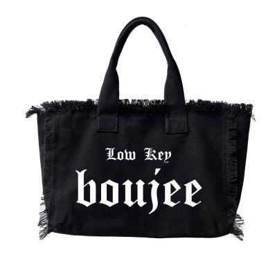 China Canvas Customized Reusable Purchasing Canvas Tote Bag Fringe Canvas Bag Logo Tassel Black Color Recycling Eco-Friendly With Zipper for sale