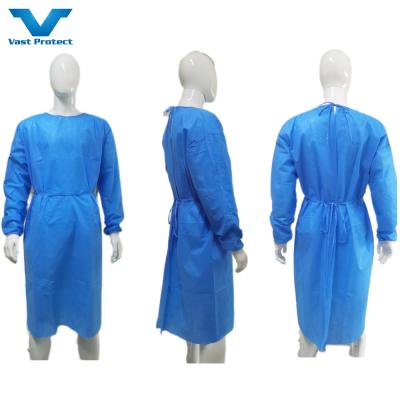 China Vestido de aislamiento de tejidos no tejidos con puños de punto Muestra de protección de EPI azul ofrecida en venta