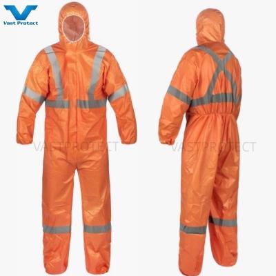 China OEM akzeptierte elastische Handgelenk Einweg-PP PE 56GSM Reflektorband Orange Coveralls zu verkaufen