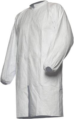 China 60GSM Microporous Medical PPE Disposable Lab Coat with Elastic Wrists and Mandarin Snap Collar Dustproof Adults for sale