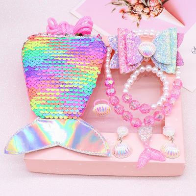 China Sequin Bag Children's Necklace Set New Korean Cute Cartoon Sequin Beauty Fishtail Necklace Gift Box Set for sale