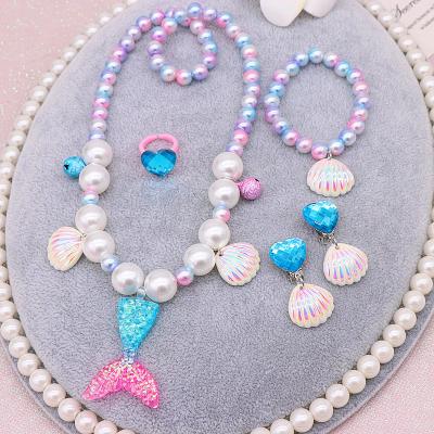 China Baby Girl's Fishtail Accessories Ring Earring Set Sea Mermaid Children's Beauty Girl Pearl Necklace Bracelet Set Wholesale for sale