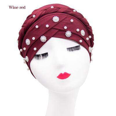 China New Style Babysbreath Solid Color Head Wrap Soft Beaded Braid Hat Muslim Turban For Women for sale