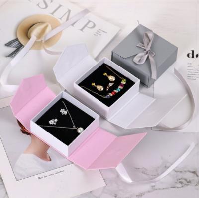 China Recycled Materials Double Opening Magnet Jewelry Box Wedding Ring Necklace Packaging Gift Box With Ribbon Decoration for sale