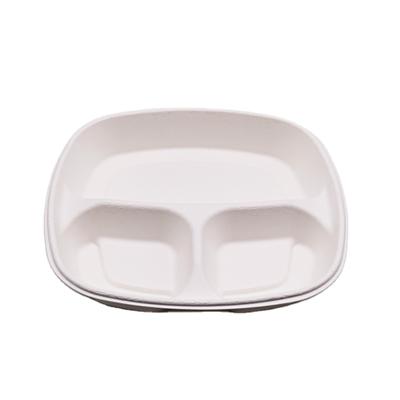 China Disposable Bagasse 3 Compartment Biodegradable Takeout Tray With PLA Lids for sale