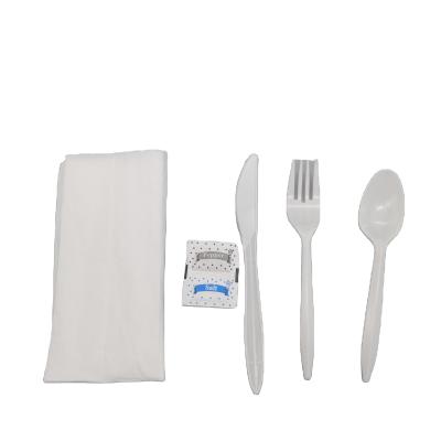 China High quality disposable cutlery kit knife, fork, spoon, napkin, salt&pepper color white plastic cutlery set for airline or party for sale