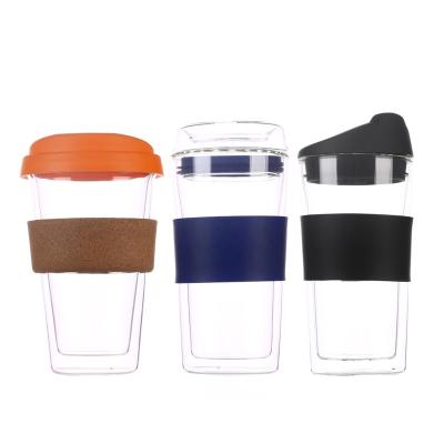 China Sustainable Double Wall Travel Tumbler Glass Mug With Silicone Sleeve for sale