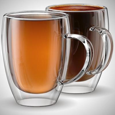 China Wholesale Mid Century Modern Custom Logo Double Wall Borosilicate Glass Mug With Handle for sale