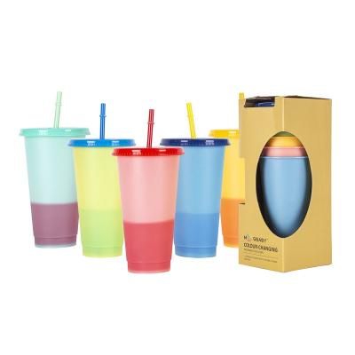 China Customized Viable PP Temperature Reusable Eco-friendly Gradient 24oz 700ml Plastic Color Logo Cold Changing Cup With Lid And Straw for sale