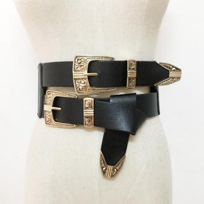 China 2019 ALLOY parinstock cut out vintage double buckles women belts for dress elastic luxury wide lady belt for sale