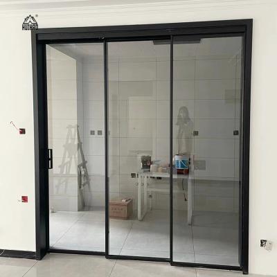 China Sound Insulation Modern Aluminum Double Entry Glass Sliding Doors Steel Double Side Sliding Glass Door Lock for sale