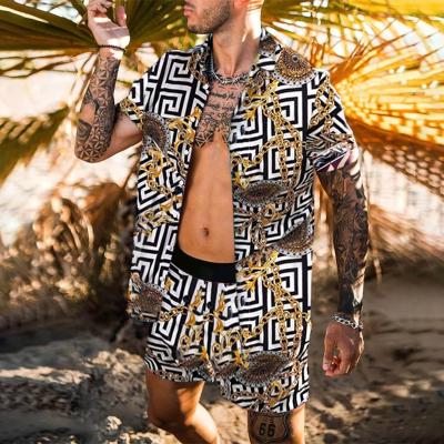 China Breathable Men Shorts Sets 2021 Summer Shorts Sleeve Button Hawaiian Print Shirt Streetwear 2 Pieces Set Mens Beach Wear Casual Clothes for sale