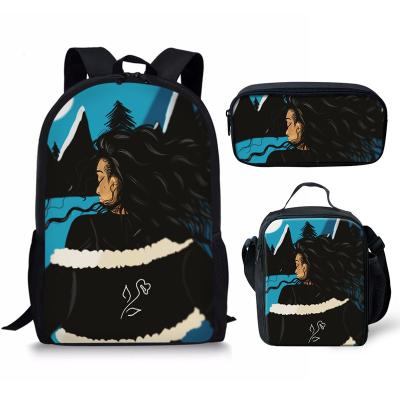 China 2020 Fashion Girl Anti-theft Teenage School Bag Set Black Afro Girls Printed School Bag Fashionable Backpack Kids Bookbags 3 Pieces for sale