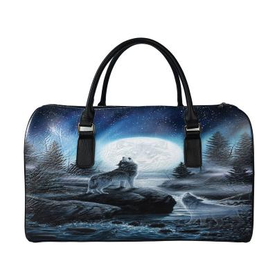 China Wolf Duffel Custom Image Print Lightweight Animal PU Leather Travel Bags Overnight Luggage Carry On Bag Waterproof Travel Duffel Bag for sale