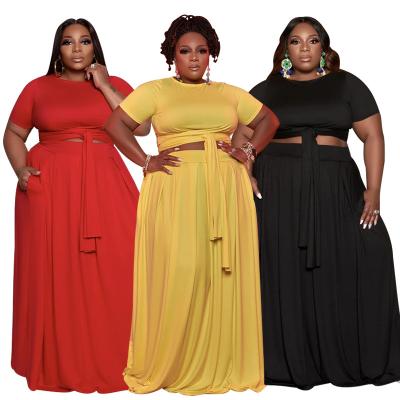 China Fashion QUICK DRY Women Plus Size Belted Crop Top And Long Skirt 2 Piece Set for sale