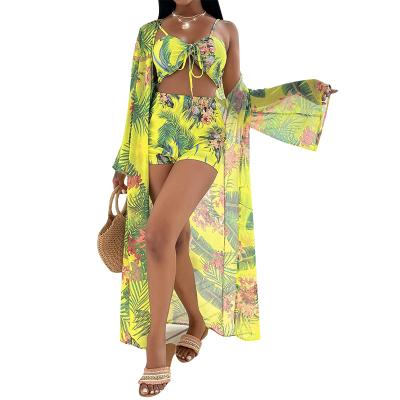 China Breathable Floral Print Swimwear Women Strappy Bikini 3 Piece Set With Cover Up for sale