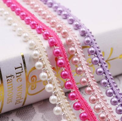 China Viable Hot Selling Single Row 6mm Pearl Lace DIY Handmade Clothing Accessories Two Colors Pearl Ribbon Gold Lace for sale