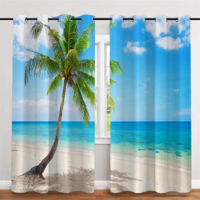 China Seaside 3d Flame Retardant Digital Coconut Tree Printing Windows Fashion New Polyester Blackout 100% Simple Curtain for sale