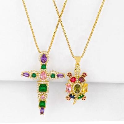 China Exquisite Workmanship Wholesale Women's Fashion Necklace Jewelry Custom Cross Gold Plated Colorful Zircon Turtle Necklace for sale